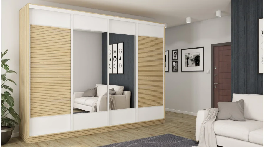 Szafa przesuwna 320x244 cm biel dąb gaja lamele 2 lustra - Varento | eMeblast