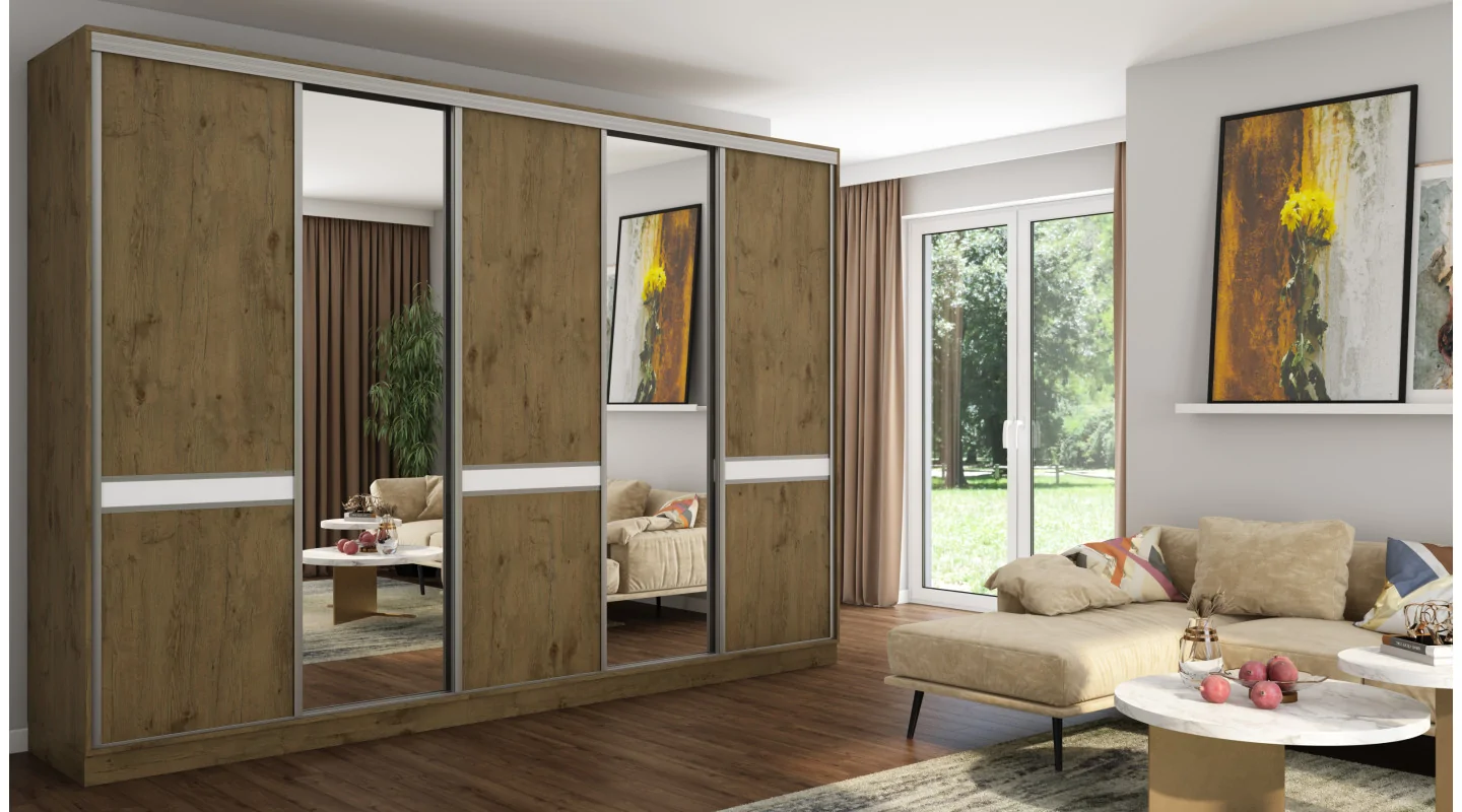 Szafa przesuwna 340x244 cm dąb lancelot 2 lustra - Morvello | eMeblast Szafa przesuwna 340x244 cm dąb lancelot 2 lustra - Morvello | eMeblast