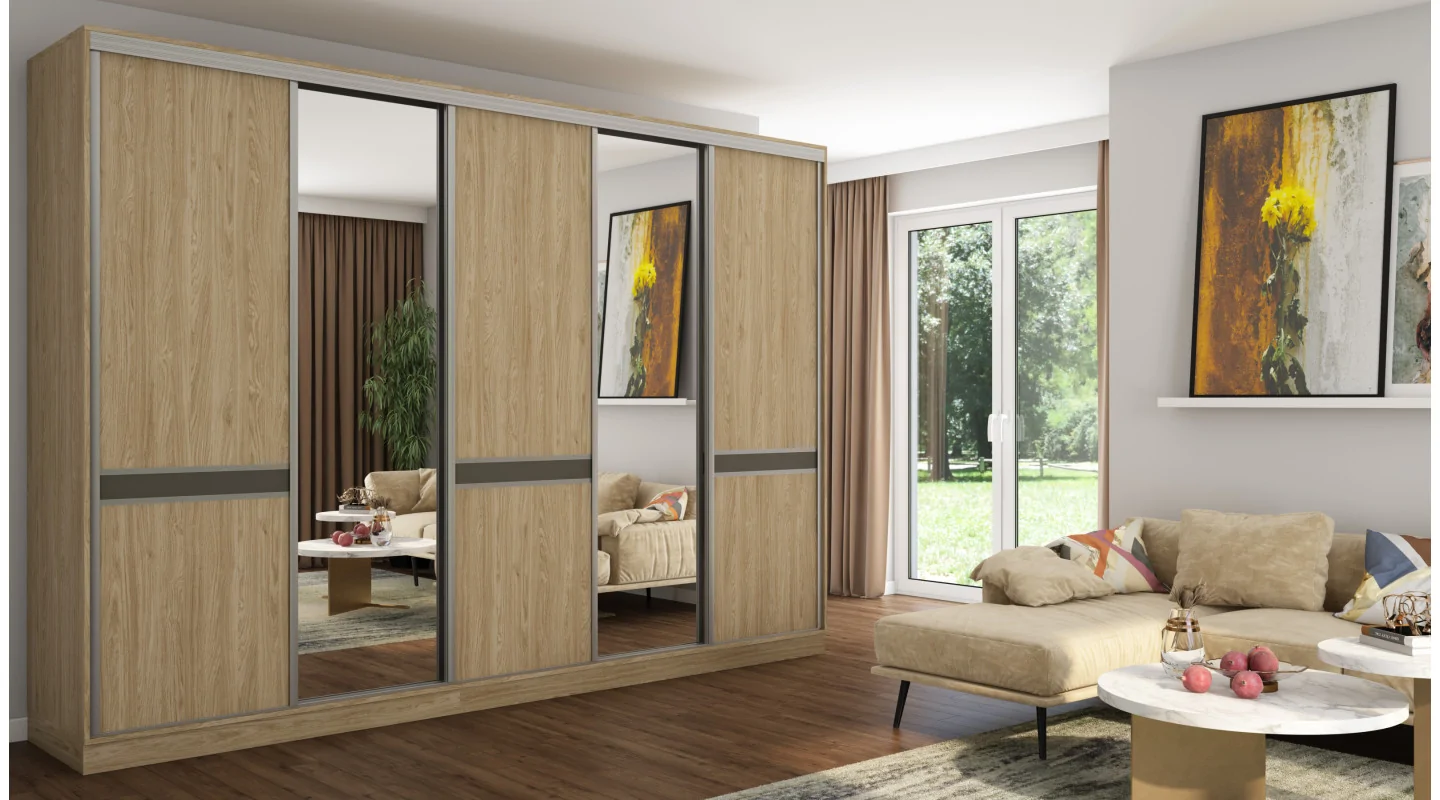 Szafa przesuwna 340x244 cm dąb olejowany 2 lustra - Morvello | eMeblast