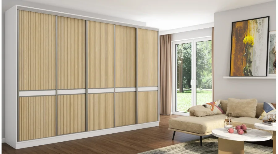 Szafa przesuwna 340x244 cm biel dąb gaja lamele - Morvello | eMeblast Szafa przesuwna 340x244 cm biel dąb gaja lamele - Morvello | eMeblast