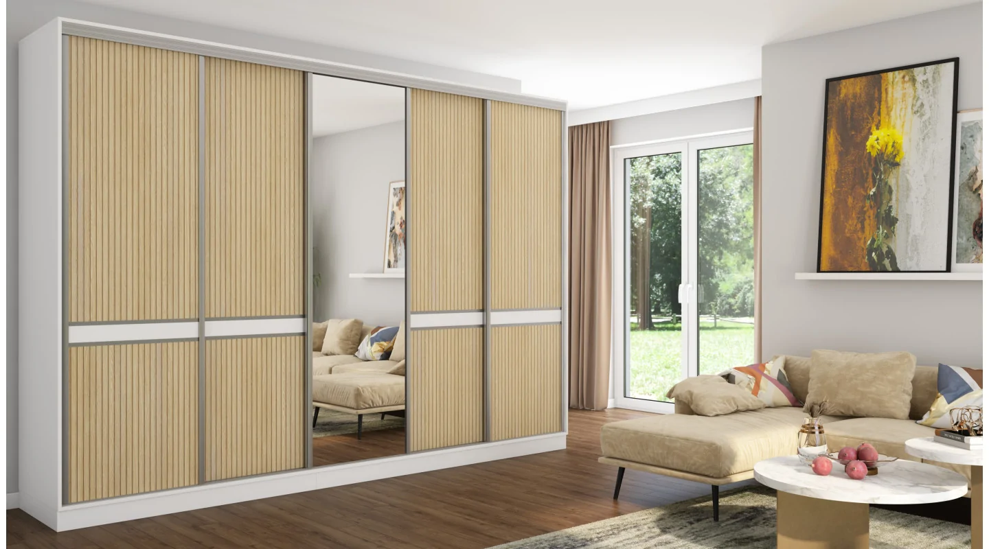 Szafa przesuwna 340x244 cm biel dąb gaja lamele - Morvello | eMeblast