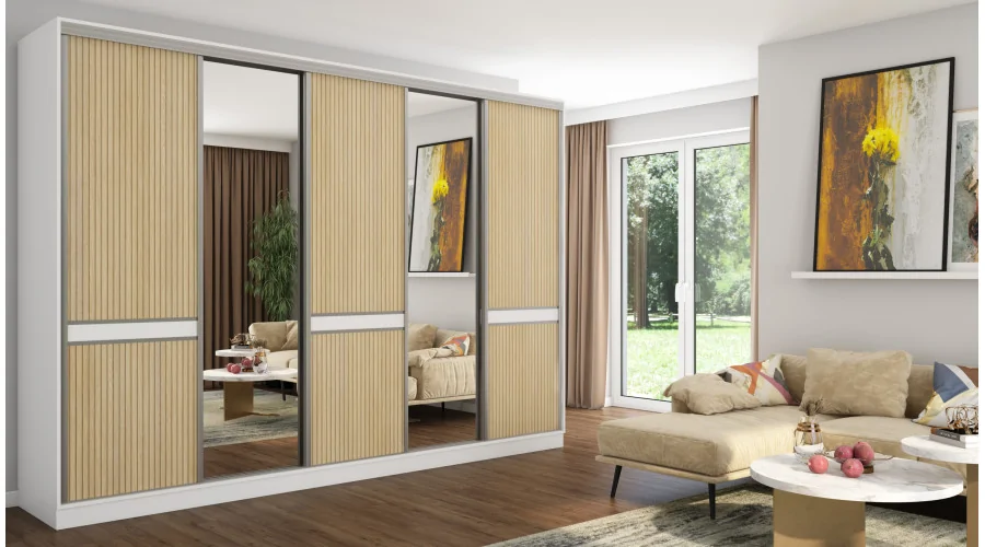 Szafa przesuwna 340x244 cm biel dąb gaja lamele 2 lustra - Morvello | eMeblast