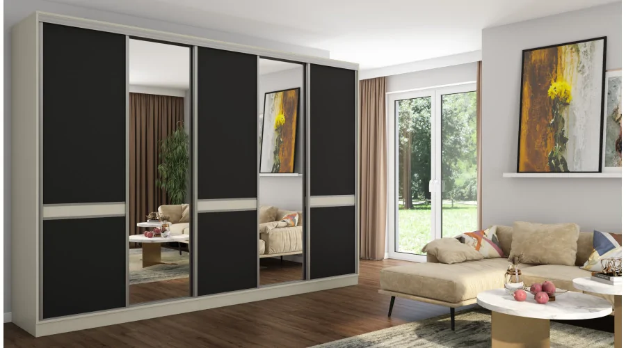 Szafa przesuwna 340x244 cm kaszmirowy beż czarny 2 lustra - Morvello | eMeblast Szafa przesuwna 340x244 cm kaszmirowy beż czarny 2 lustra - Morvello | eMeblast