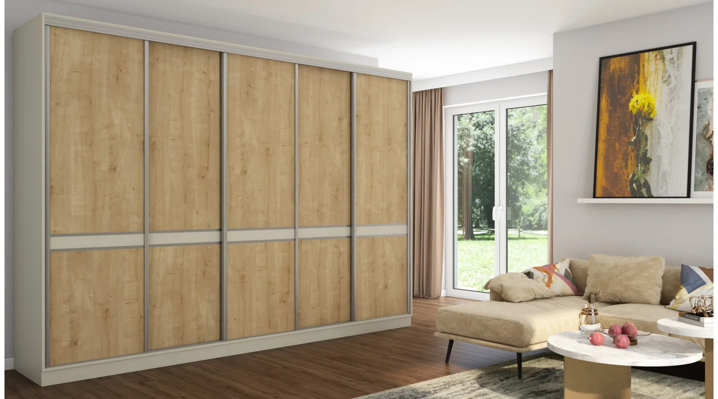 Szafa przesuwna 340x244 cm kaszmirowy beż dąb hamilton z pantografem, wieszakami na spodnie i dodatki, 3 drążkami oraz szufladam