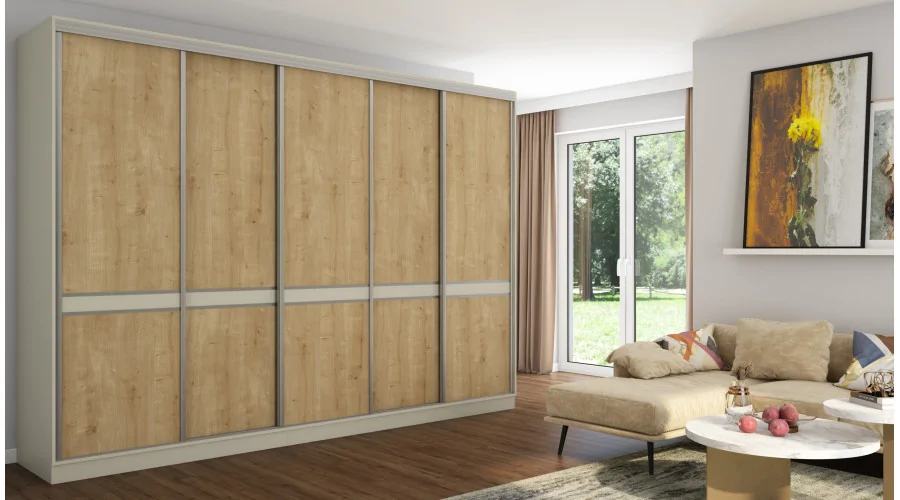 Szafa przesuwna 340x244 cm kaszmirowy beż dąb hamilton z pantografem, wieszakami na spodnie i dodatki, 3 drążkami oraz szufladam