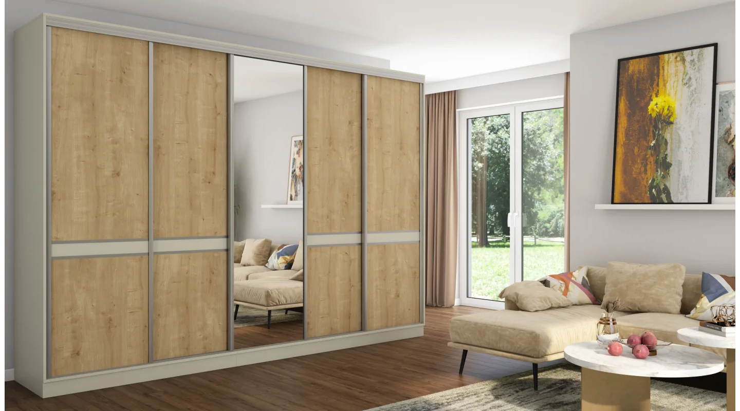 Szafa przesuwna 340x244 cm kaszmirowy beż dąb hamilton 2 lustra - Morvello | eMeblast