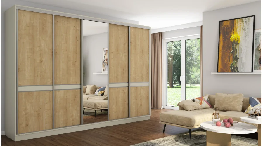 Szafa przesuwna 340x244 cm kaszmirowy beż dąb hamilton 2 lustra - Morvello | eMeblast