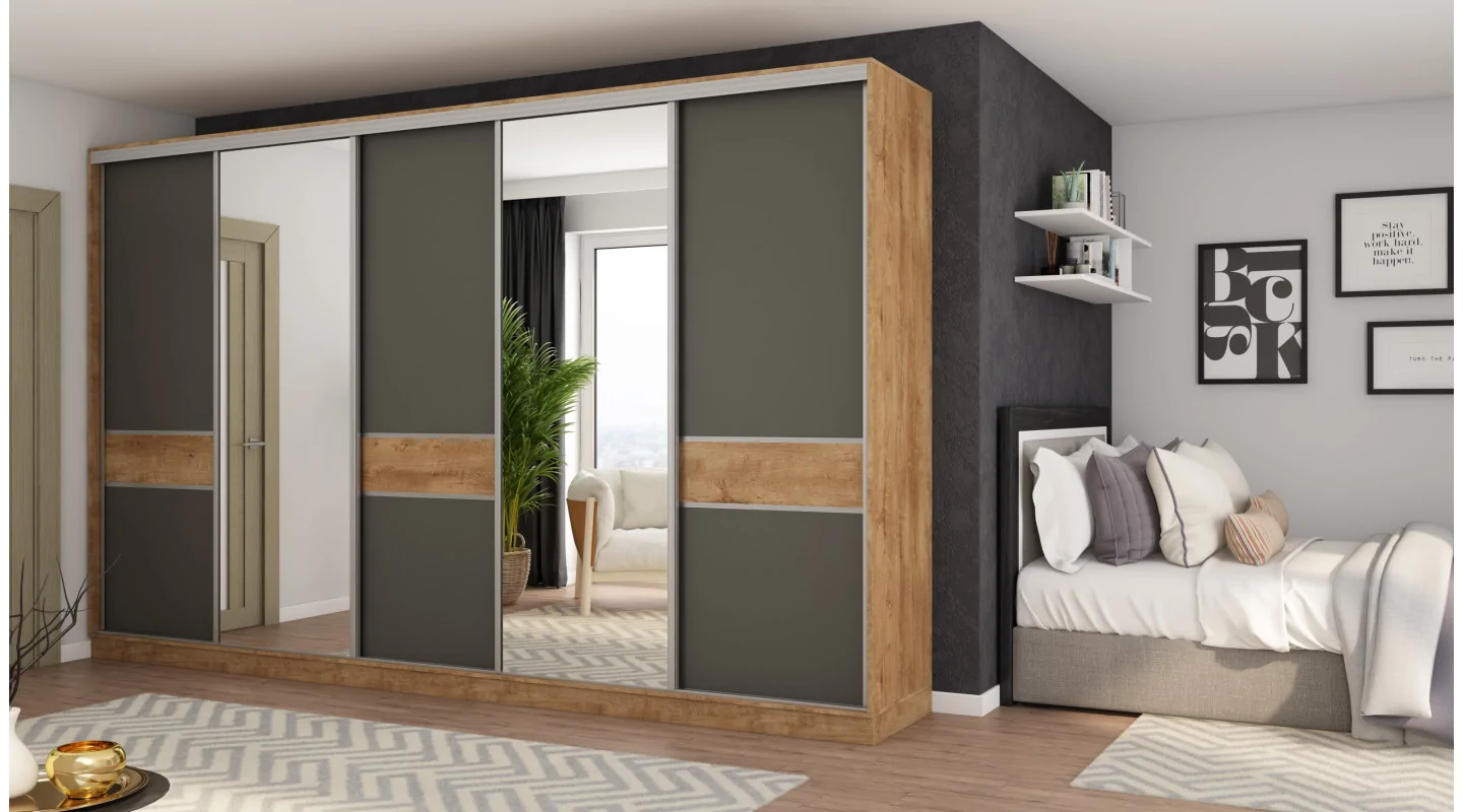 Szafa przesuwna 360x244 cm dąb lefkas grafit 2 lustra - Torvello | eMeblast