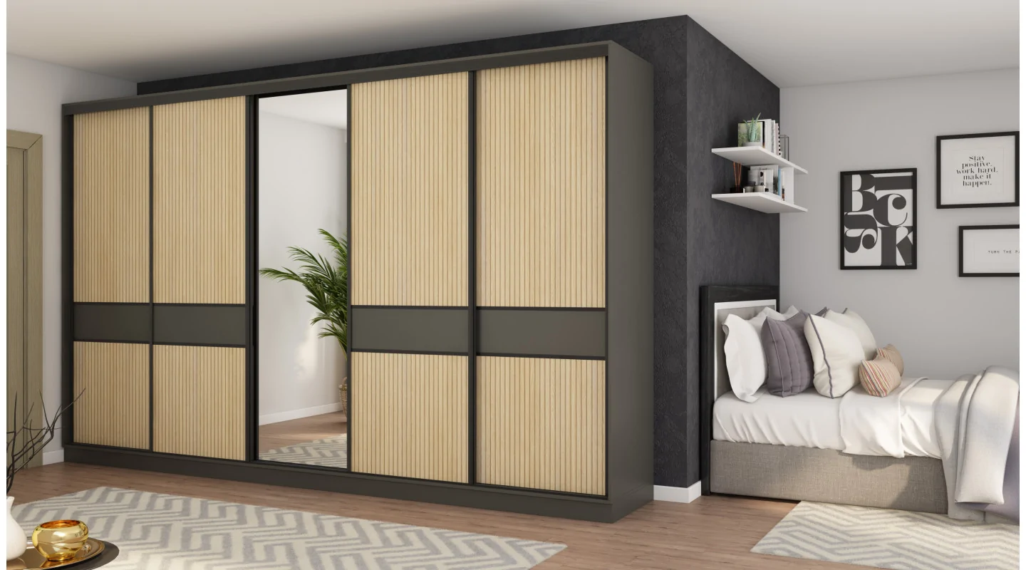 Szafa przesuwna 360x244 cm szary grafit dąb gaja lamele z lustrem - Torvello | eMeblast