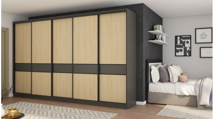 Szafa przesuwna 360x244 cm szary grafit dąb gaja lamele - Torvello | eMeblast
