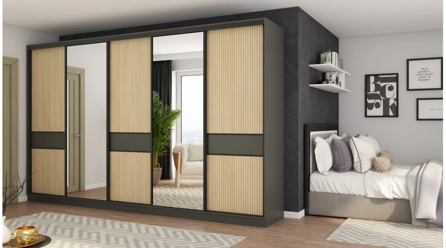 Szafa przesuwna 360x244 cm szary grafit dąb gaja lamele 2 lustra - Torvello | eMeblast