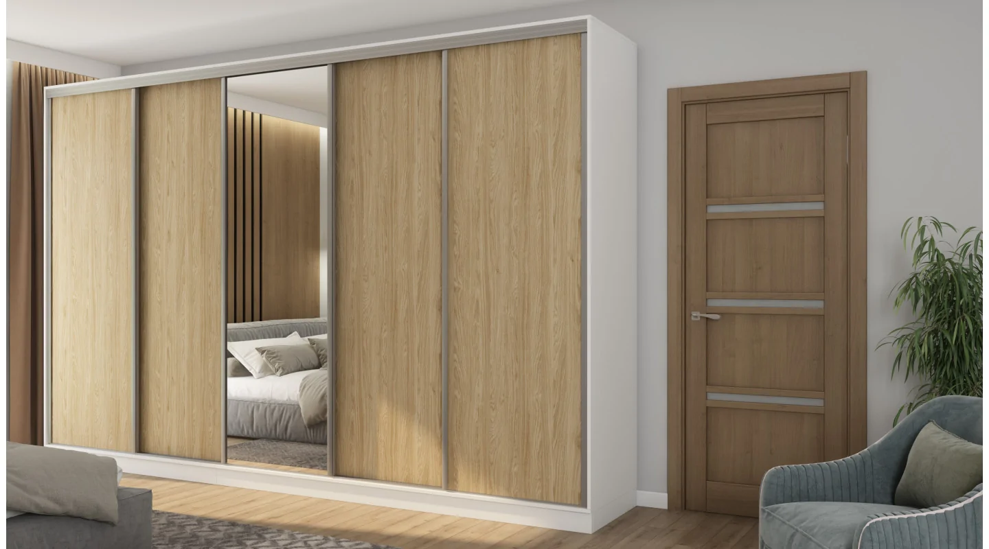 Szafa przesuwna 380x244 cm biel /dąb olejowany z lustrem - Navero | eMeblast