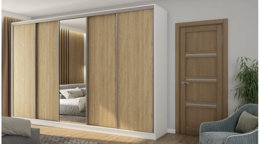 Szafa przesuwna 380x244 cm biel /dąb olejowany z lustrem - Navero | eMeblast