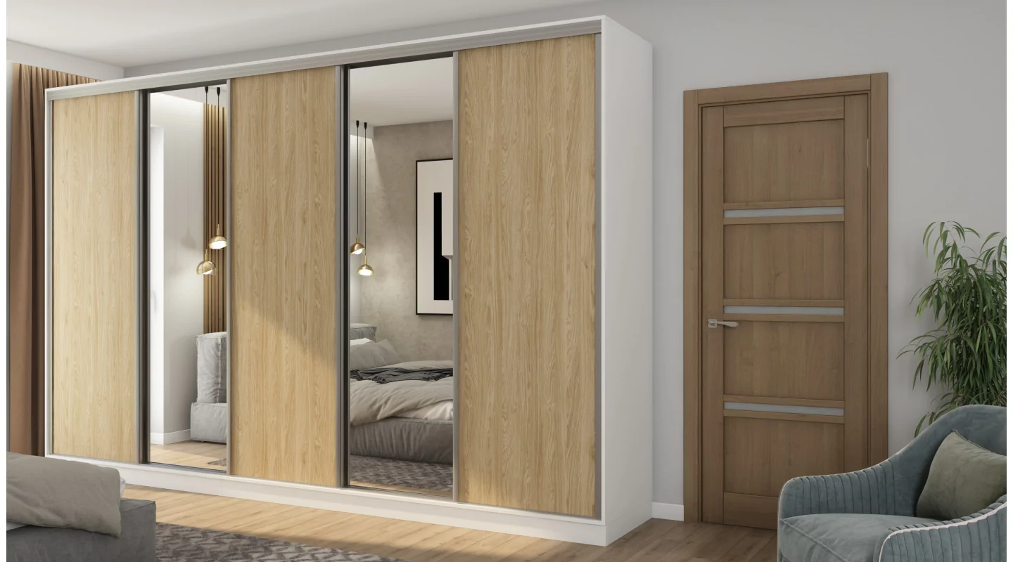 Szafa przesuwna 380x244 cm biel /dąb olejowany 2 lustra - Navero | eMeblast Szafa przesuwna 380x244 cm biel /dąb olejowany 2 lustra - Navero | eMeblast