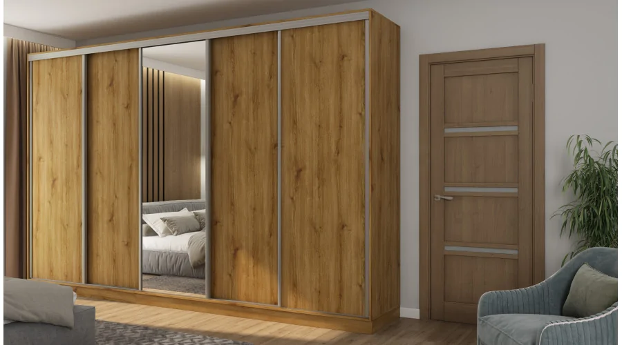 Szafa przesuwna 380x244 cm dąb carpenter whisky z lustrem - Navero | eMeblast