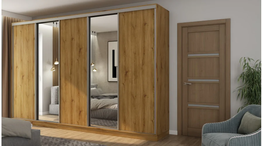 Szafa przesuwna 380x244 cm dąb carpenter whisky 2 lustra - Navero