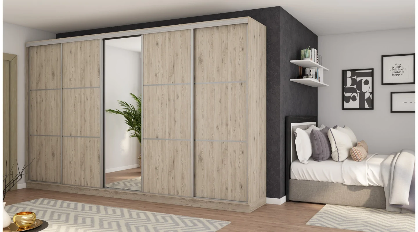 Szafa przesuwna 400x244 cm dąb bordeaux z lustrem - Velaro | eMeblast