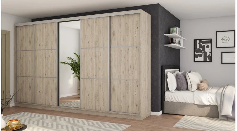Szafa przesuwna 400x244 cm dąb bordeaux z lustrem - Velaro | eMeblast