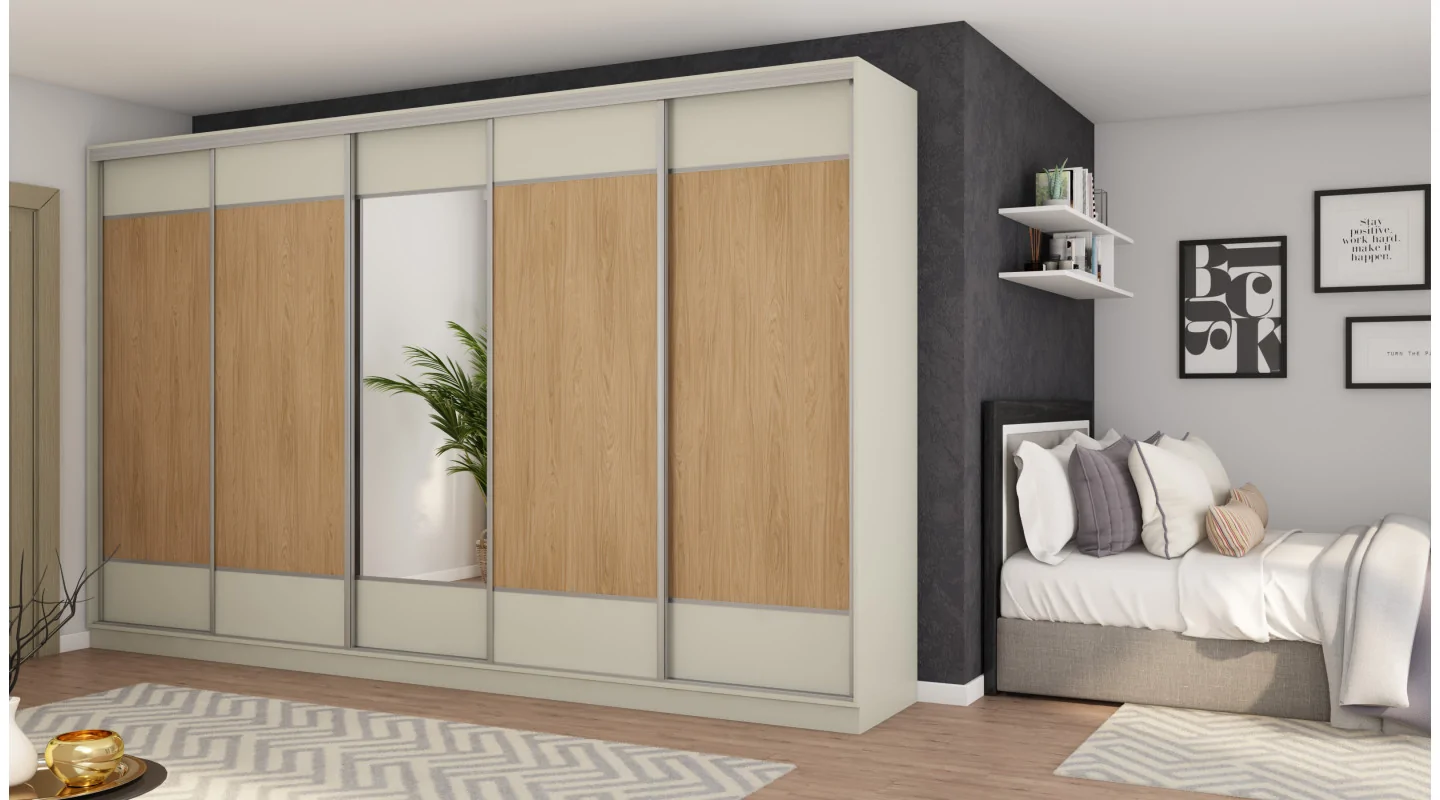 Szafa przesuwna 400x244 cm kaszmirowy beż /dąb casella z lustrem - Velaro | eMeblast