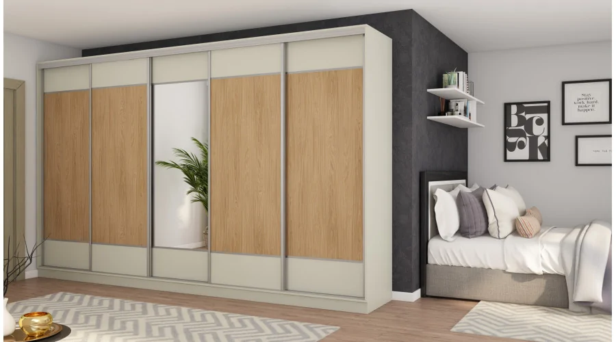 Szafa przesuwna 400x244 cm kaszmirowy beż /dąb casella z lustrem - Velaro | eMeblast