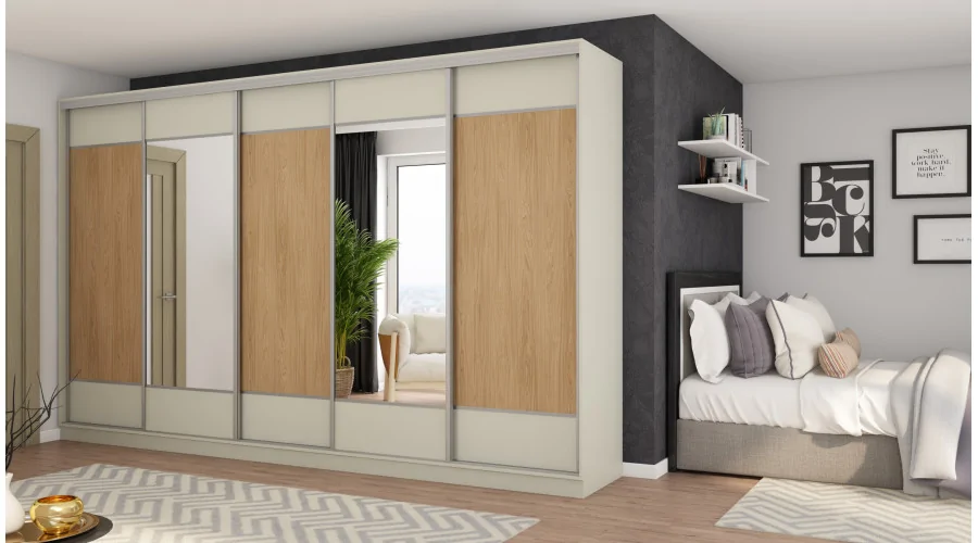Szafa przesuwna 400x244 cm kaszmirowy beż /dąb casella 2 lustra - Velaro | eMeblast