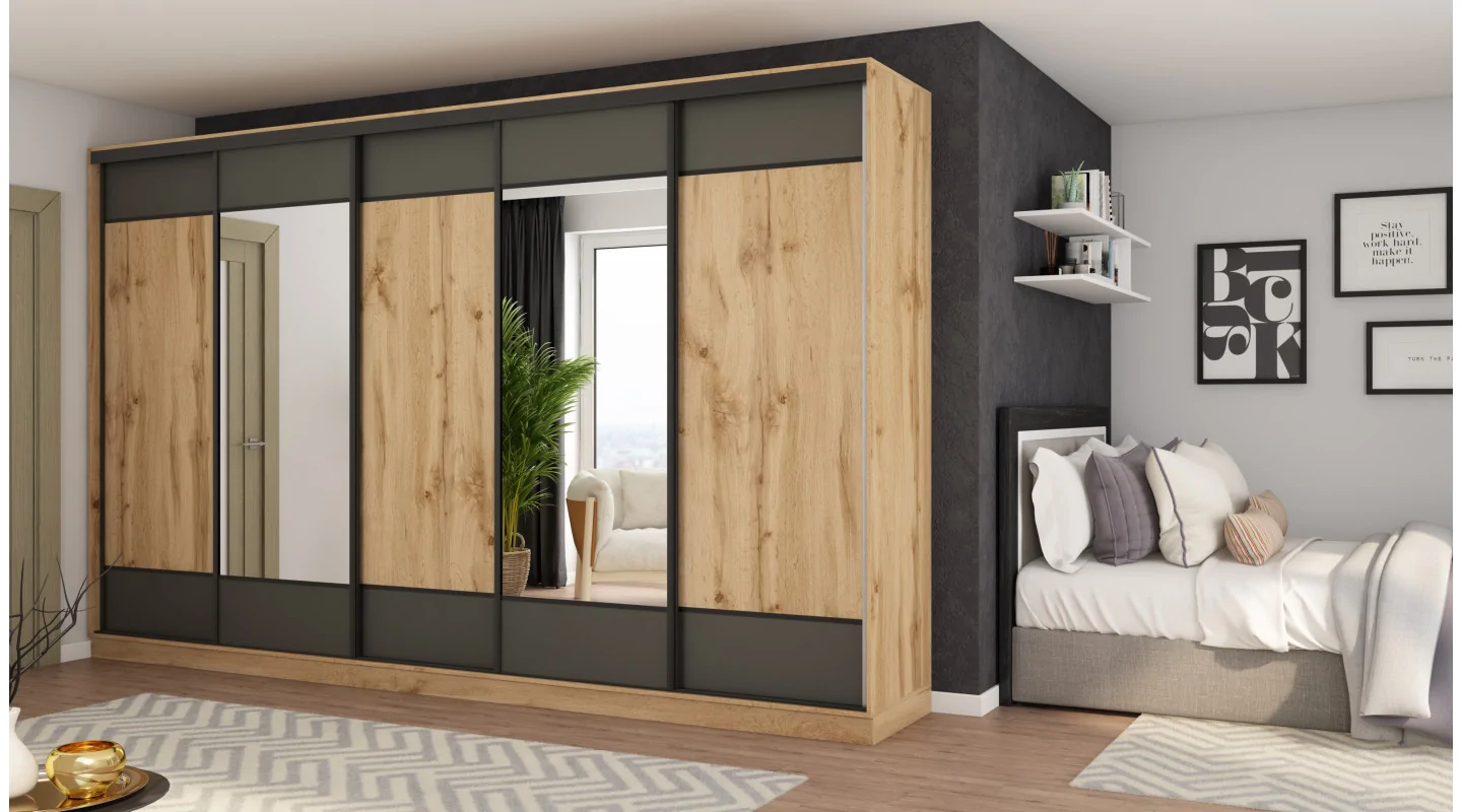Szafa przesuwna 400x244 cm dąb wotan /grafit 2 lustra - Velaro | eMeblast