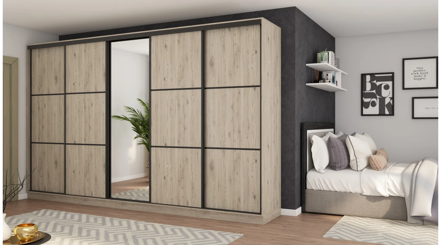 Szafa przesuwna 400x244 cm dąb bordeaux z lustrem - Velaro | eMeblast