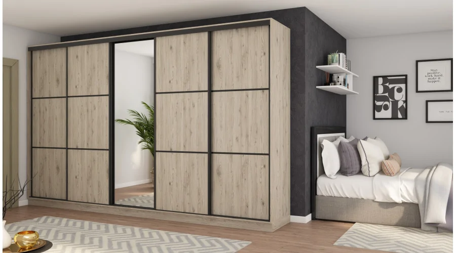 Szafa przesuwna 400x244 cm dąb bordeaux z lustrem - Velaro | eMeblast