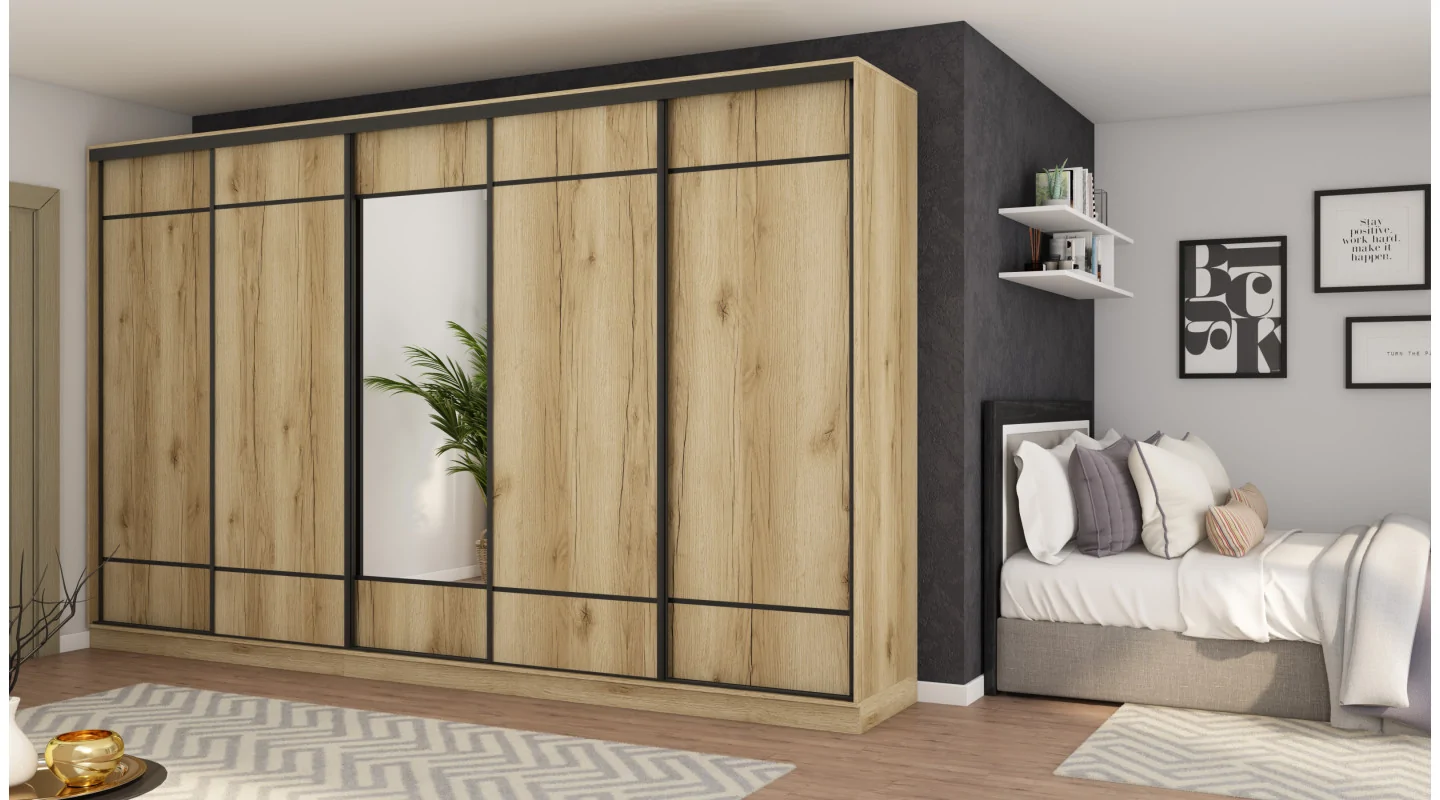 Szafa przesuwna 400x244 cm dąb grand naturalny z lustrem - Velaro | eMeblast