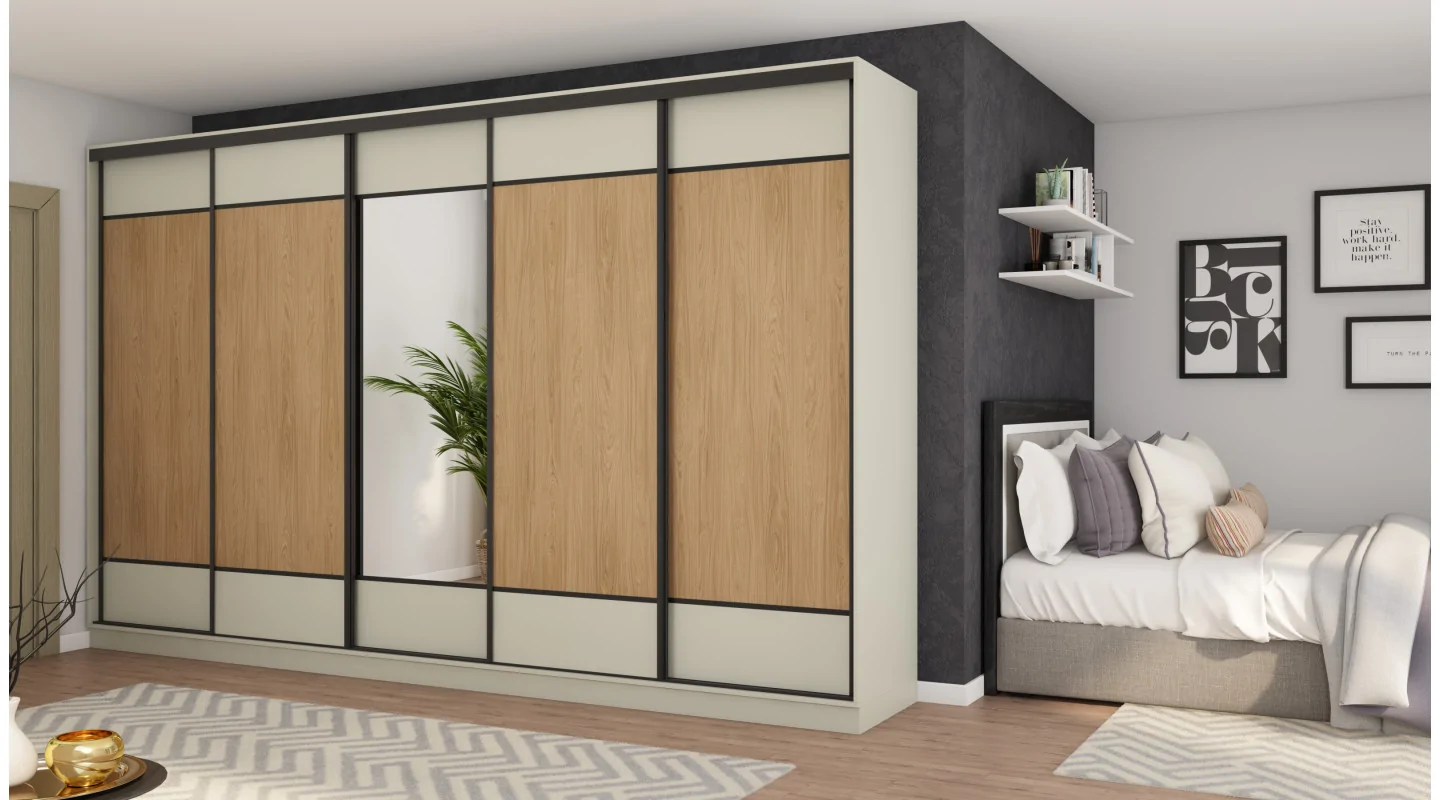 Szafa przesuwna 400x244 cm kaszmirowy beż /dąb casella z lustrem - Velaro | eMeblast