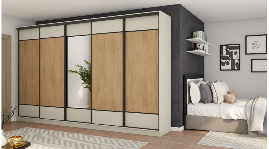 Szafa przesuwna 400x244 cm kaszmirowy beż /dąb casella z lustrem - Velaro | eMeblast