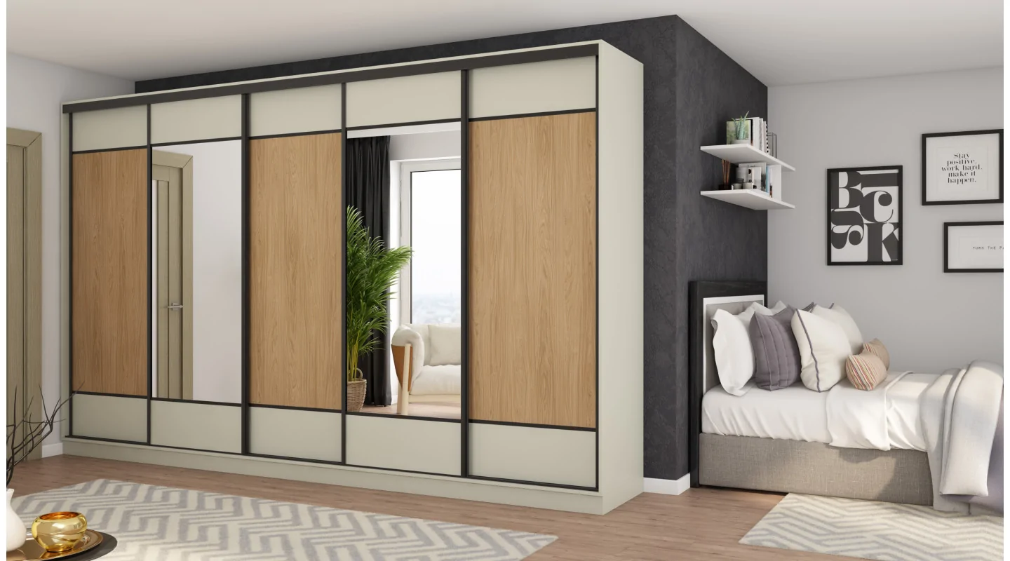 Szafa przesuwna 400x244 cm kaszmirowy beż /dąb casella 2 lustra - Velaro | eMeblast