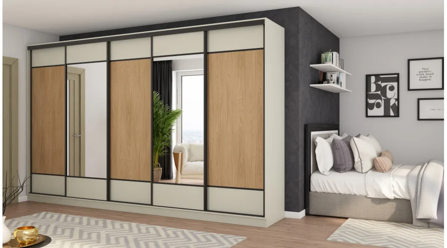 Szafa przesuwna 400x244 cm kaszmirowy beż /dąb casella 2 lustra - Velaro | eMeblast