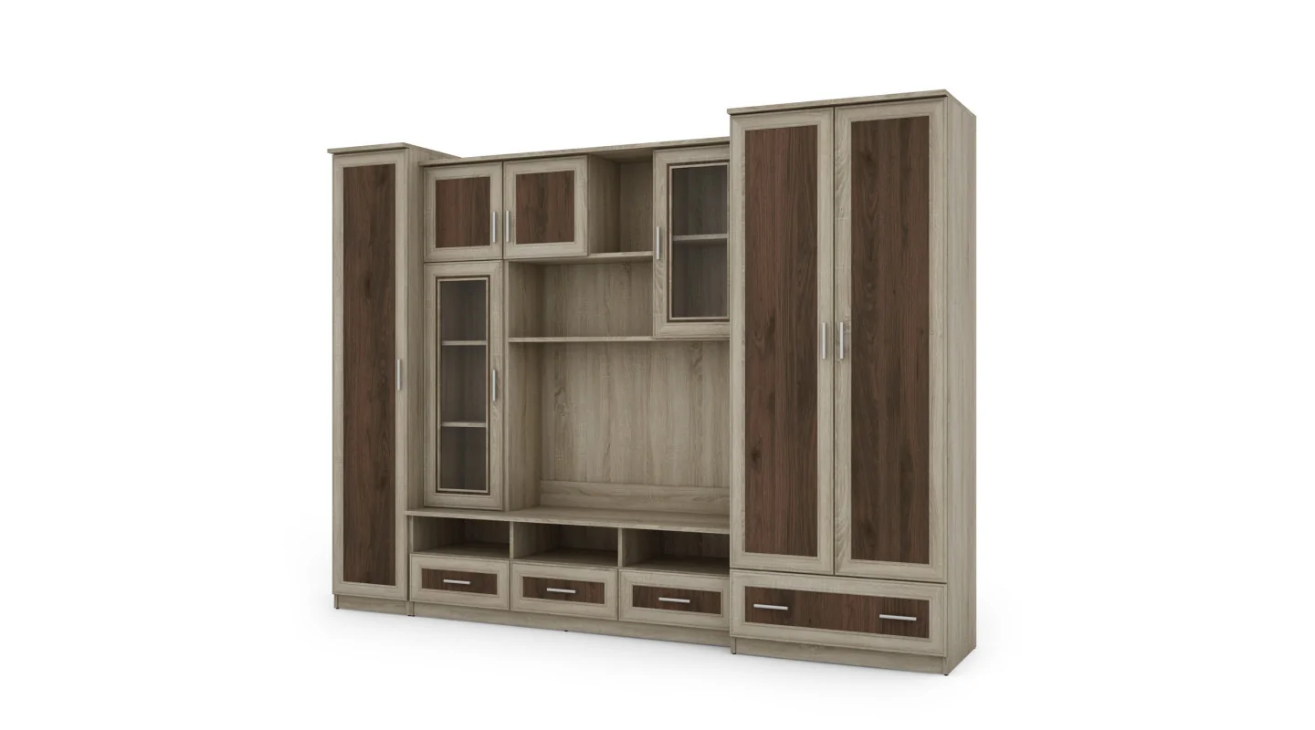 Meblościanka pokojowa z dużą szafą i słupkiem 270×200 cm Sonoma Jasna / Orzech Okapi – BOSMAN