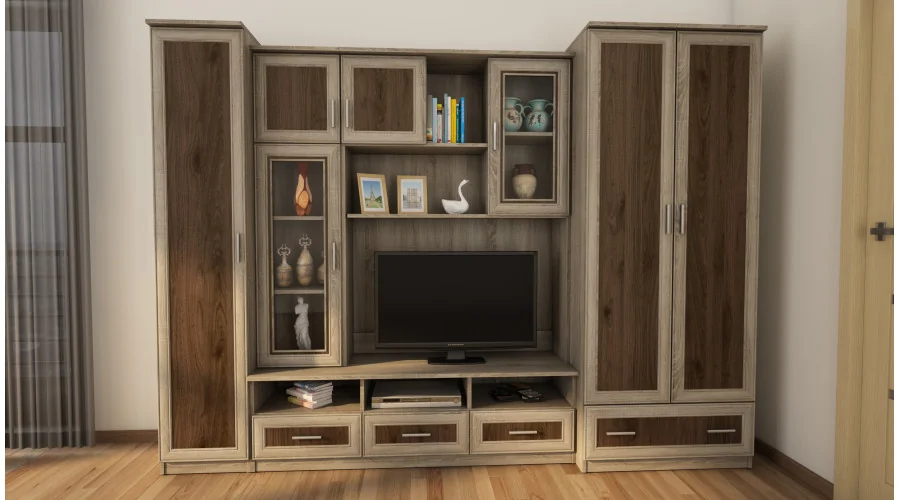 Meblościanka pokojowa z dużą szafą i słupkiem 270×200 cm Sonoma Jasna / Orzech Okapi – BOSMAN