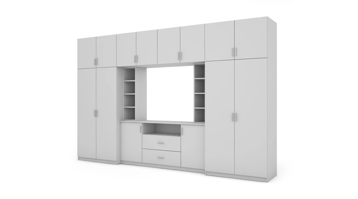 Elegancka meblościanka z szafami i wnęką RTV 380×240 cm Biel – DAKO Elegancka meblościanka z szafami i wnęką RTV 380×240 cm Biel – DAKO