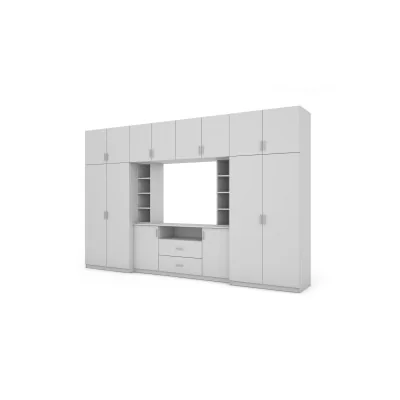 Elegancka meblościanka z szafami i wnęką RTV 380×240 cm Biel – DAKO