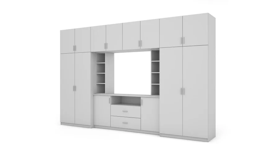 Elegancka meblościanka z szafami i wnęką RTV 380×240 cm Biel – DAKO Elegancka meblościanka z szafami i wnęką RTV 380×240 cm Biel – DAKO