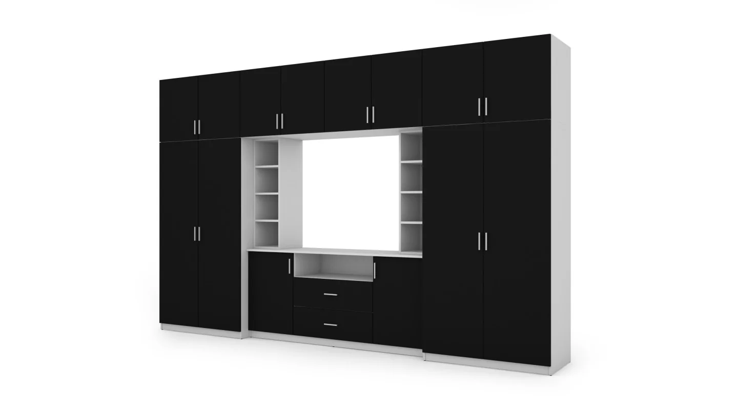 Elegancka meblościanka z szafami i półką RTV 380×240 cm Biel / Czarny – DAKO