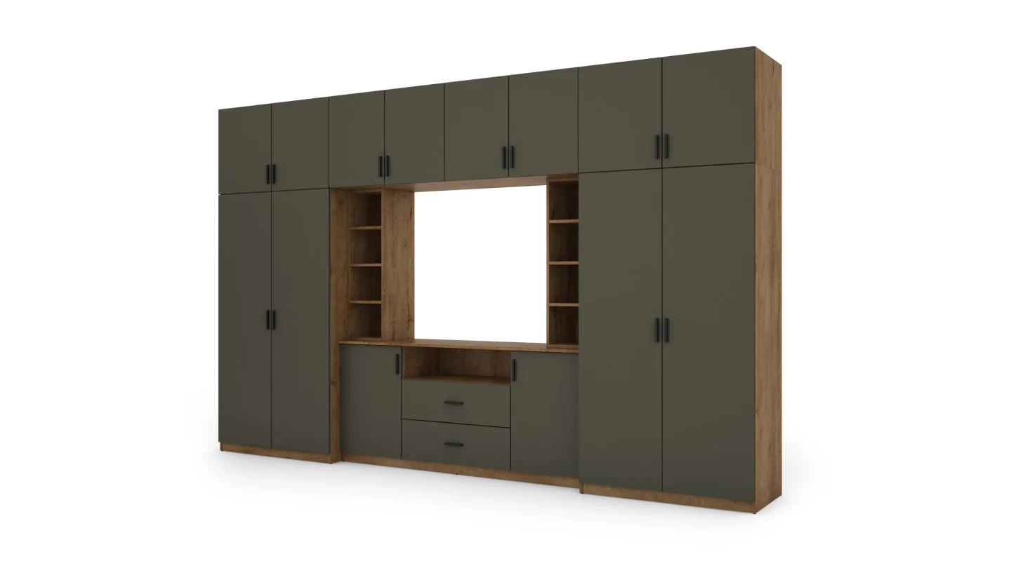 Elegancka meblościanka z szafami i półką RTV 380×240 cm Dąb Lefkas / Grafit – DAKO