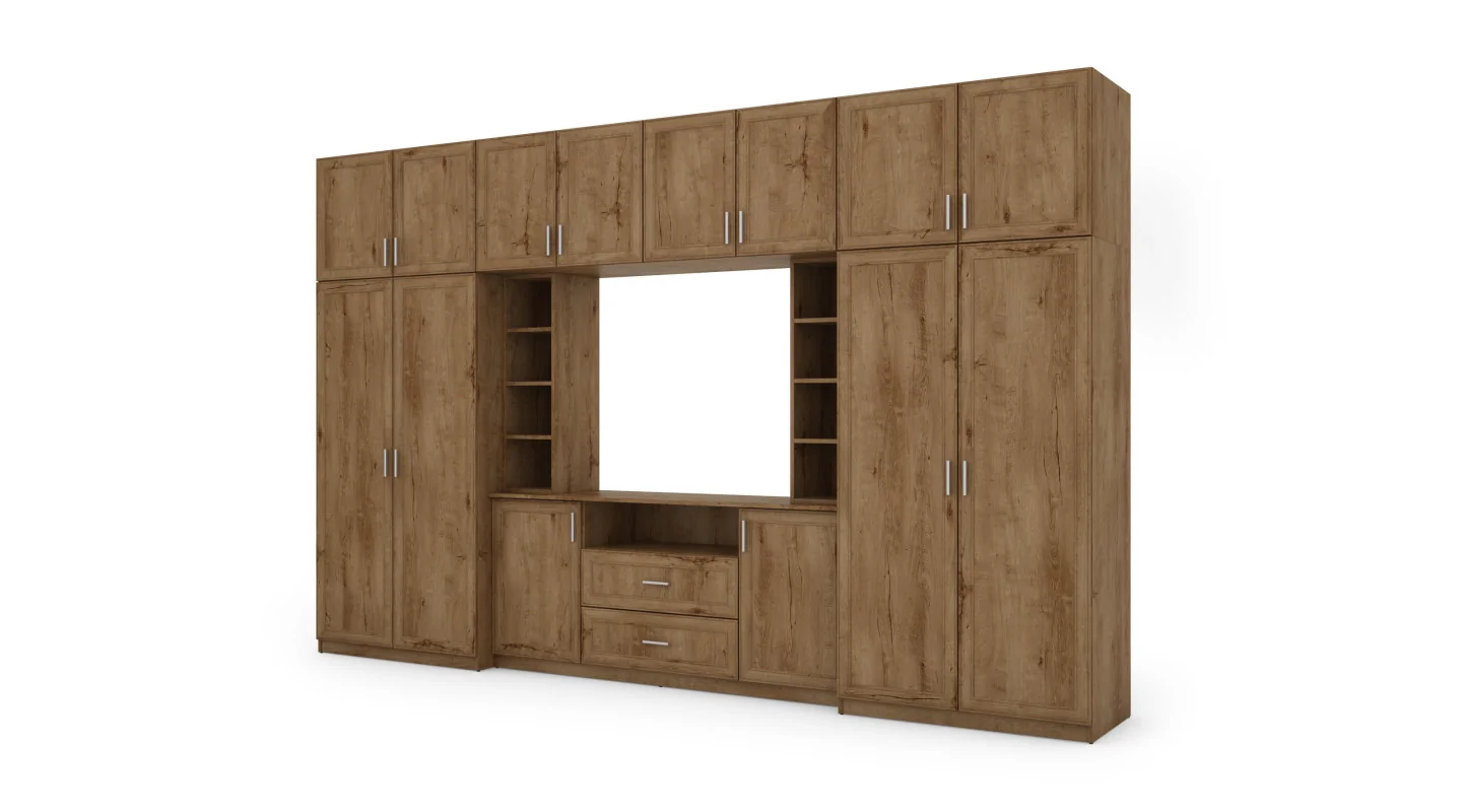Elegancka meblościanka z szafami i półką RTV 380×240 cm Dąb Lefkas – DAKO