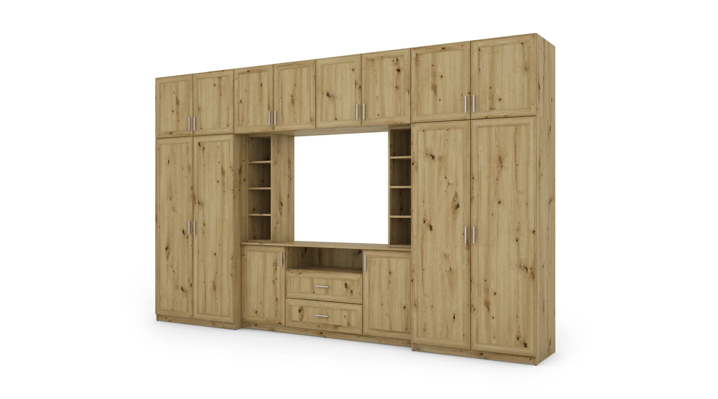 Elegancka meblościanka z szafami i półką RTV 380×240 cm Dąb Artisan – DAKO