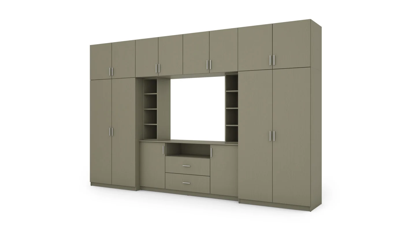 Elegancka meblościanka z szafami i półką RTV 380×240 cm Eukaliptus – DAKO