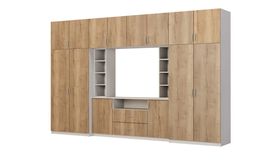 Elegancka meblościanka z szafami i półką RTV 380×240 cm Szary Jasny / Dąb Halifax – DAKO Elegancka meblościanka z szafami i półką RTV 380×240 cm Szary Jasny / Dąb Halifax – DAKO
