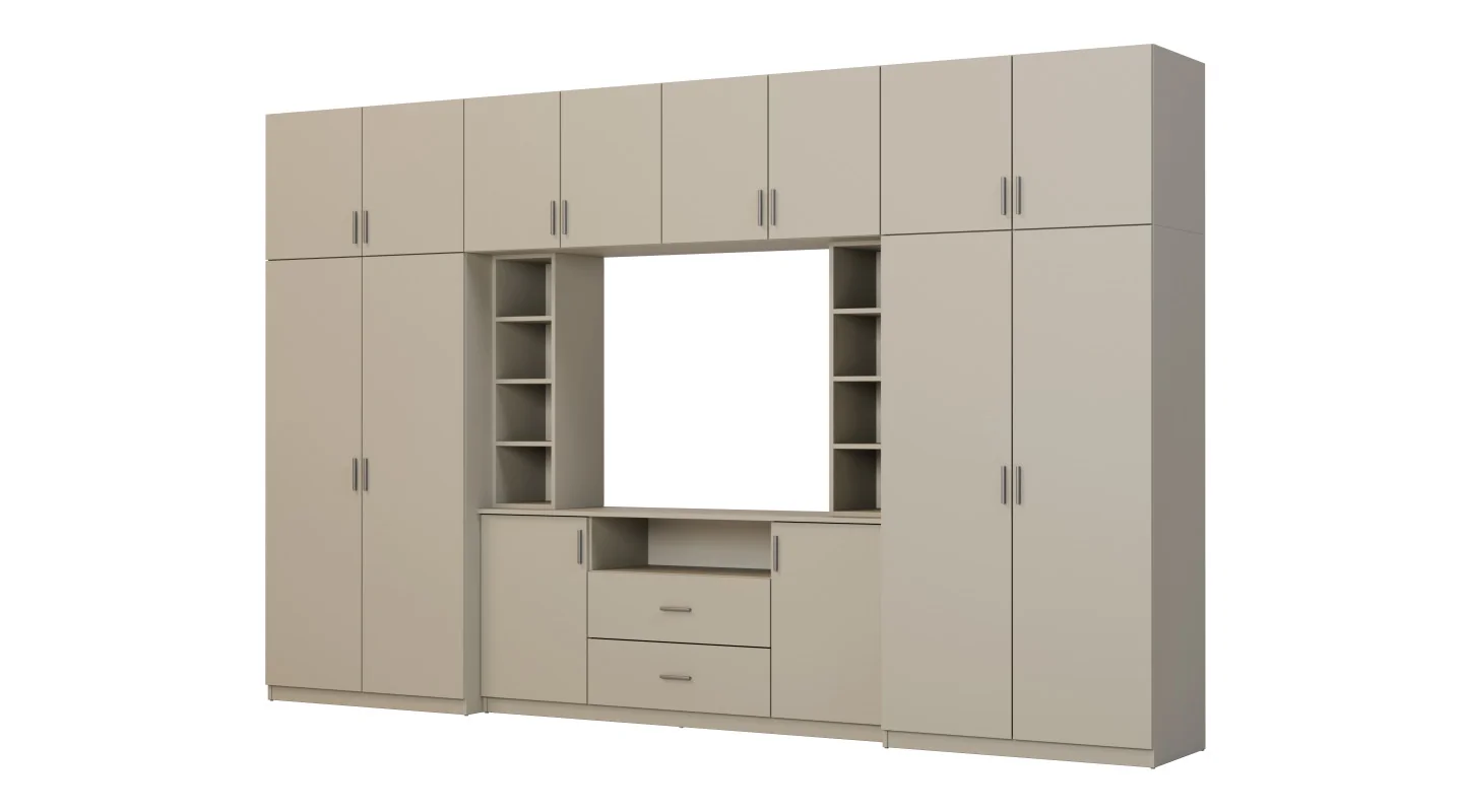 Elegancka meblościanka z szafami i półką RTV 380×240 cm Kaszmirowy Beż – DAKO