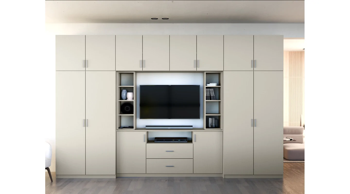 Elegancka meblościanka z szafami i półką RTV 380×240 cm Kaszmirowy Beż – DAKO