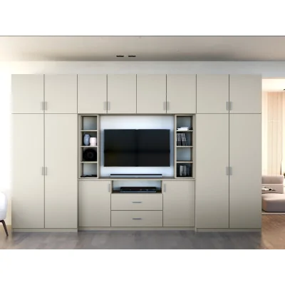 Elegancka meblościanka z szafami i półką RTV 380×240 cm Kaszmirowy Beż – DAKO