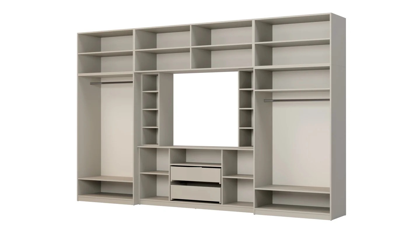 Elegancka meblościanka z szafami i półką RTV 380×240 cm Kaszmirowy Beż – DAKO