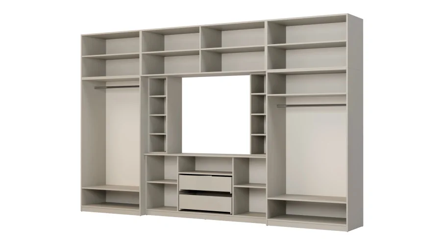 Elegancka meblościanka z szafami i półką RTV 380×240 cm Kaszmirowy Beż – DAKO