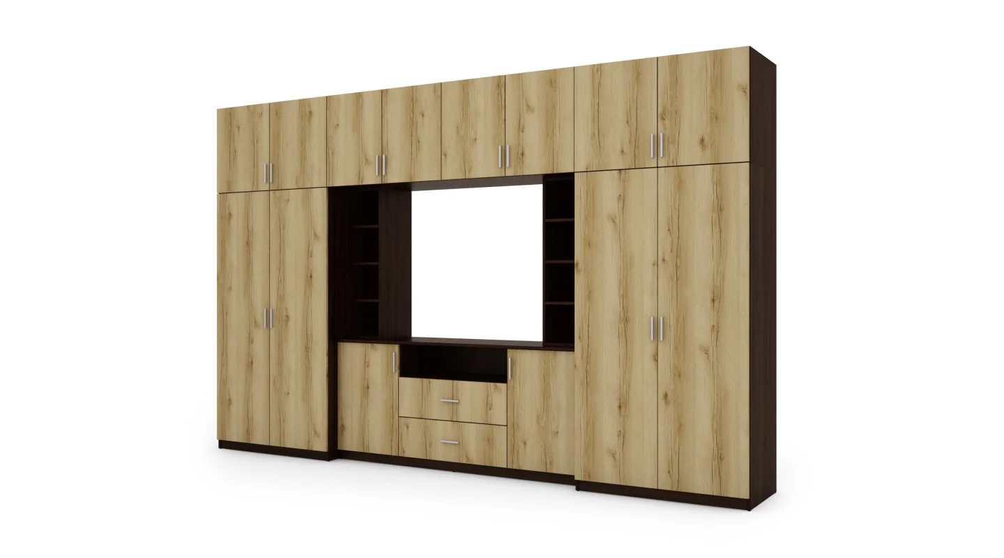 Elegancka meblościanka z szafami i półką RTV 380×240 cm Sonoma Ciemna / Dąb Grand Naturalny – DAKO